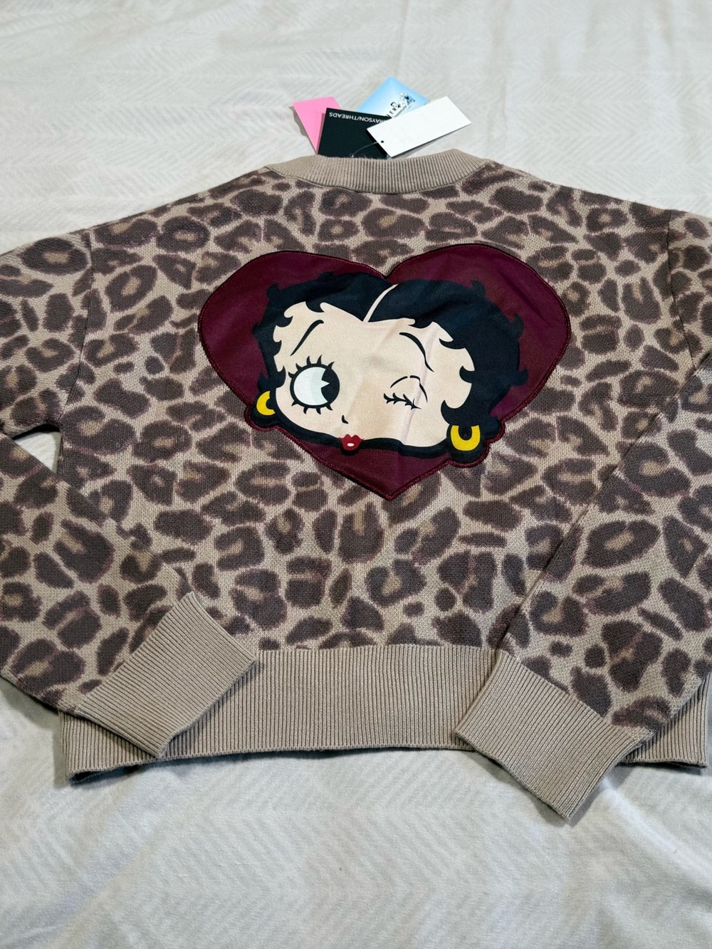 Betty Boop Taupe Leopard Knit Bomber Jacket with Burgundy Heart Patch